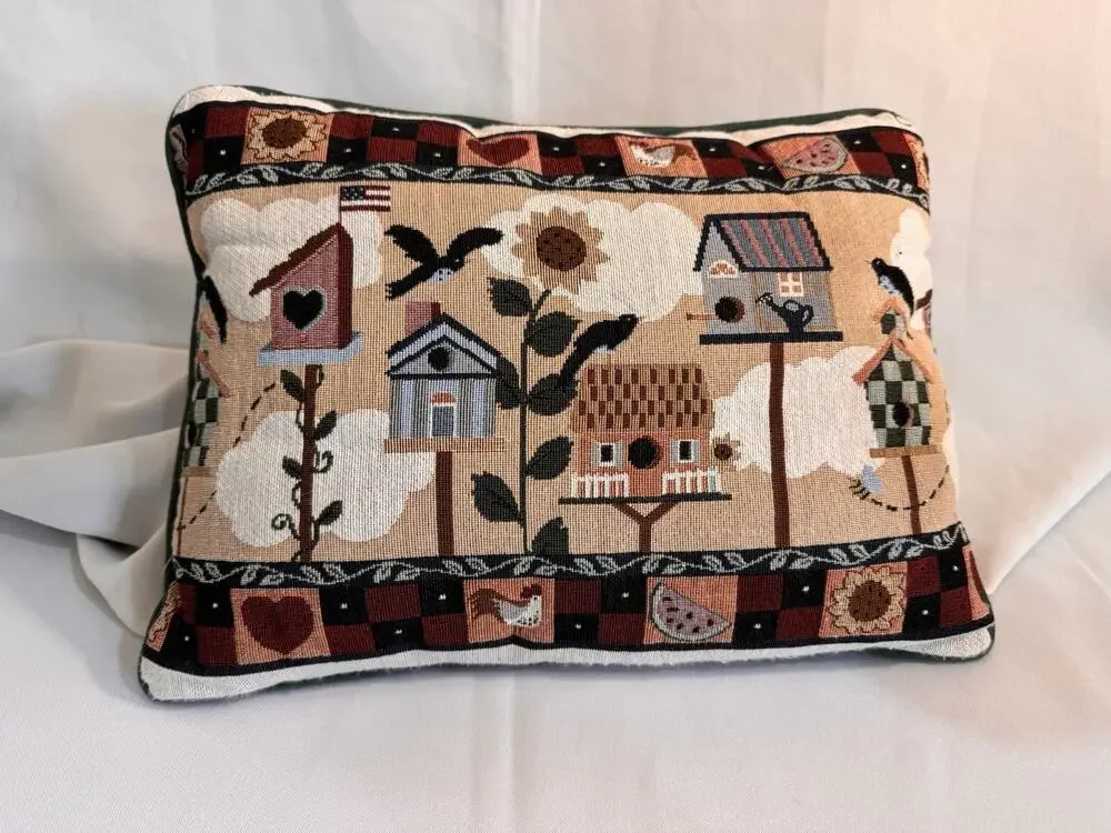 Tapestry Decorative Pillow Bird Houses Country Cottage Farmhouse Green